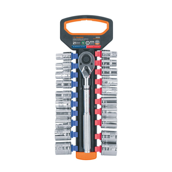 Juego de dados mm y std con matraca, cuadro 1/2" - TRUPER 103110.