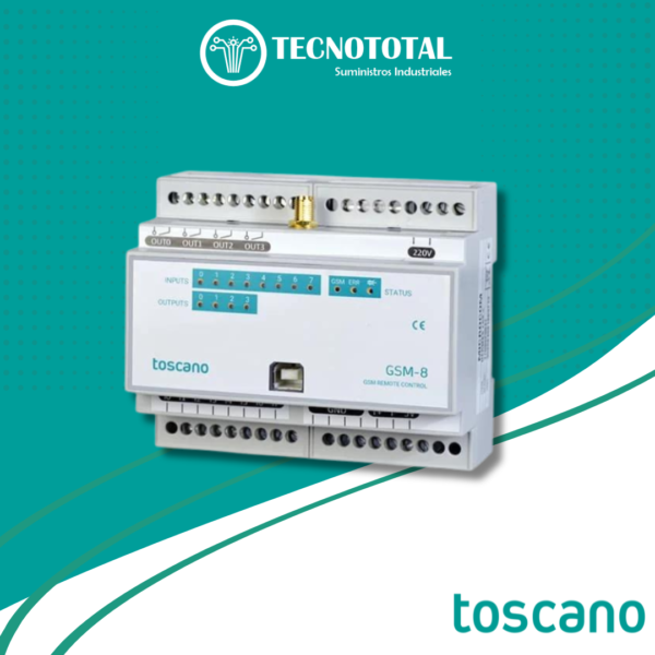 Módulo de control vía GSM, 8 entras digitales y 4 salidas relé. TOSCANO Cod. 10002167.